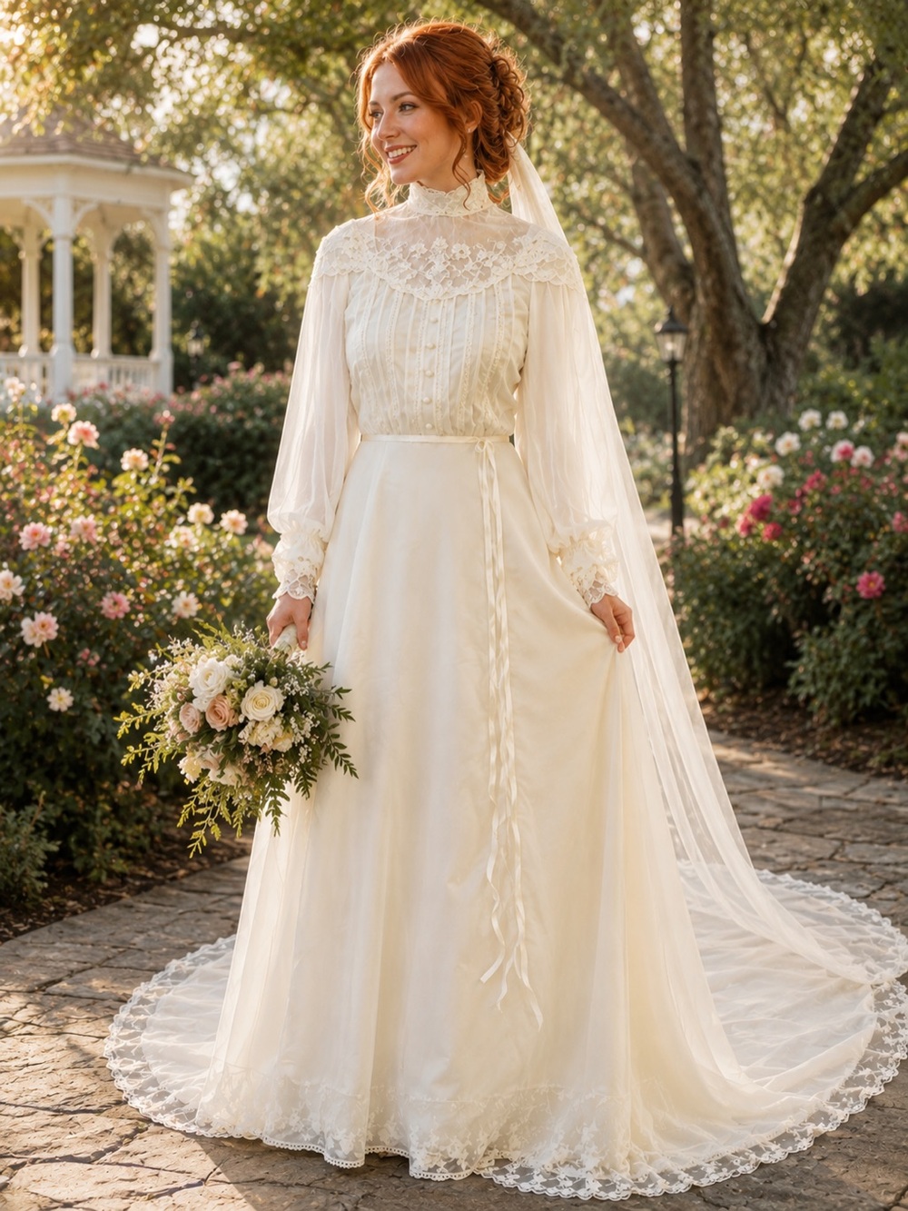 Vintage Ivory Long Sleeve Lace High-Neck Wedding Dress “E9”